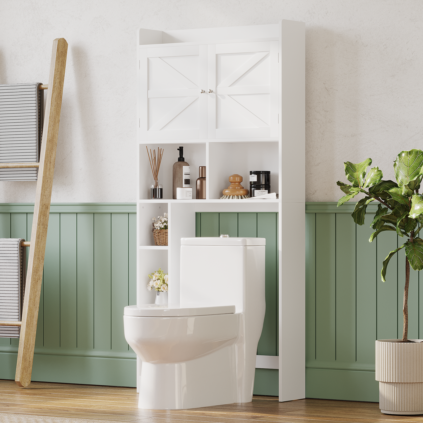 Over-The-Toilet Storage Cabinet With Adjustable Shelf, Bathroom Space Saver With Double Doors And Open Shelves, Freestanding Toilet Organizer Rack For Bathroom Storage  White