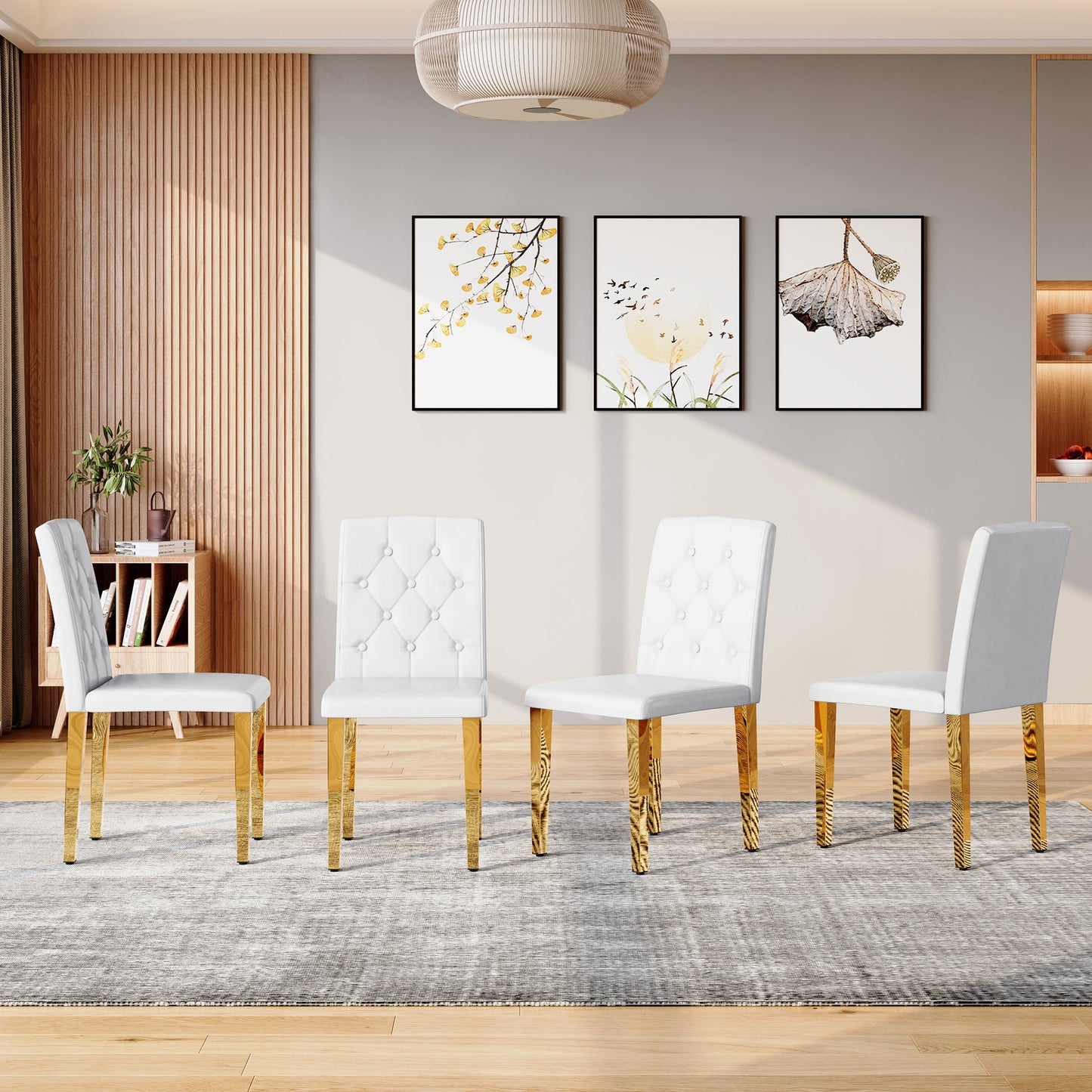 4-pack White PU Dining Chairs ,Ergonomic Buckle Backrest, 35 Inches High, Golden Metal Legs,Combines Comfort And Texture.Perfectly Suitable For Family Dining Rooms, Hotel Banquet Halls,etcW1151P295709