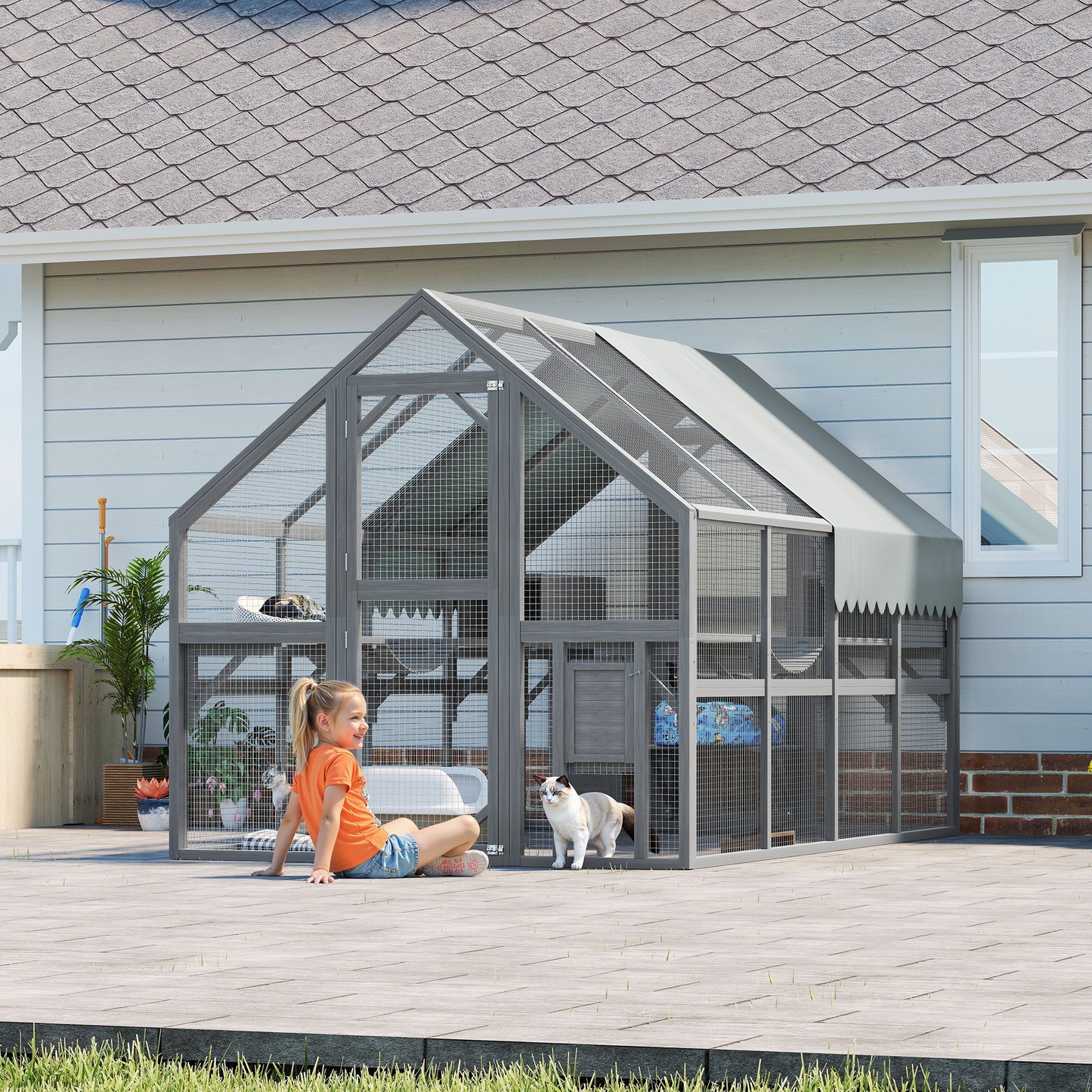 Cat, Large  Outdoor Cat Enclosure For Multiple Cats With 7Platforms, 2 Resting Box And 2 Bridges, Wooden Feral Cats Shelter With Waterproof And UV Proof Canopy, 110.24x 74.02 X 74.02 Inch