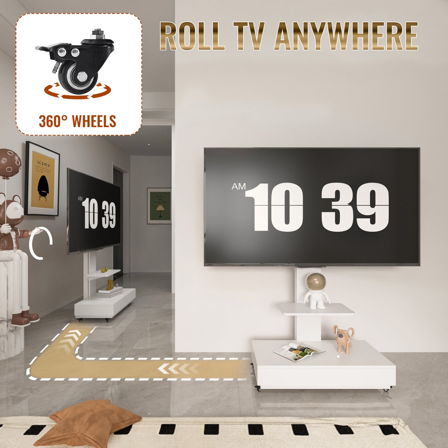 TV Stand With Push-pull Drawer For Living Room, Bedroom,Offices,Adjustable Height Mobile TV Cart For 32-75 Inches,tv Stand With Wheels,White
