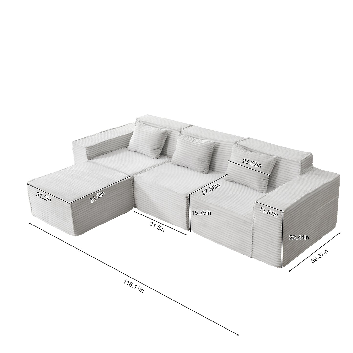 L-Shaped Modular Sectional Sofa, 3-Seater With Ottoman, Striped Corduroy Fabric, High-Density Foam For Home, Apartment, Office  Light Gray