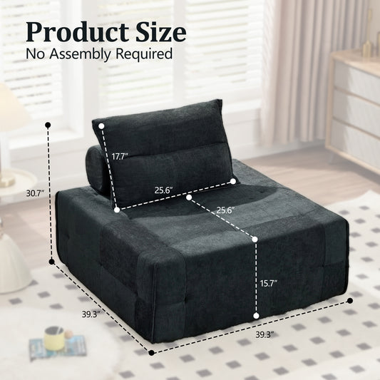 Deep Seat Modular Sectional Sofa With Adjustable Backrest -39.37  Chenille Compressed Couch For Living Room, Bedroom, Lounge  1 Piece  Black.
