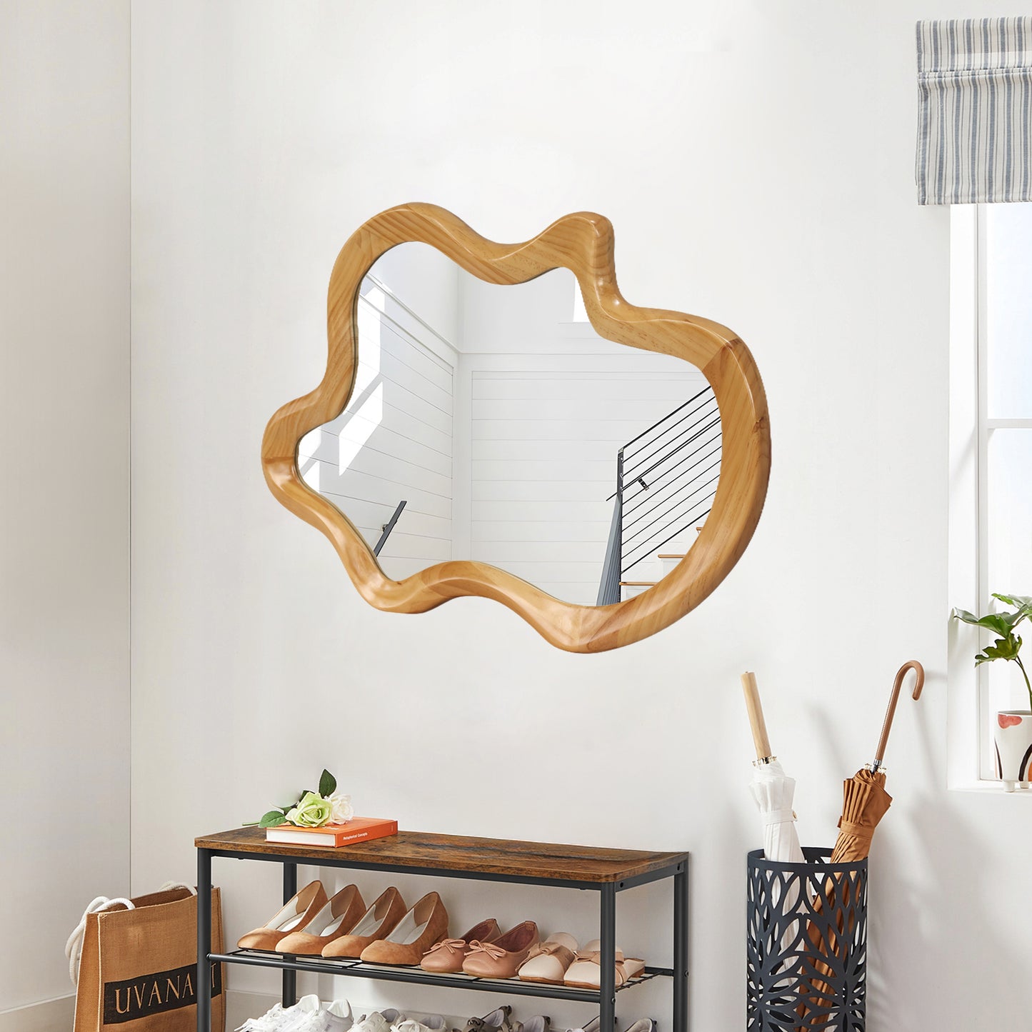 33.46  X 22.24  Irregular Shaped Wall Mirror With Natural Wood Frame