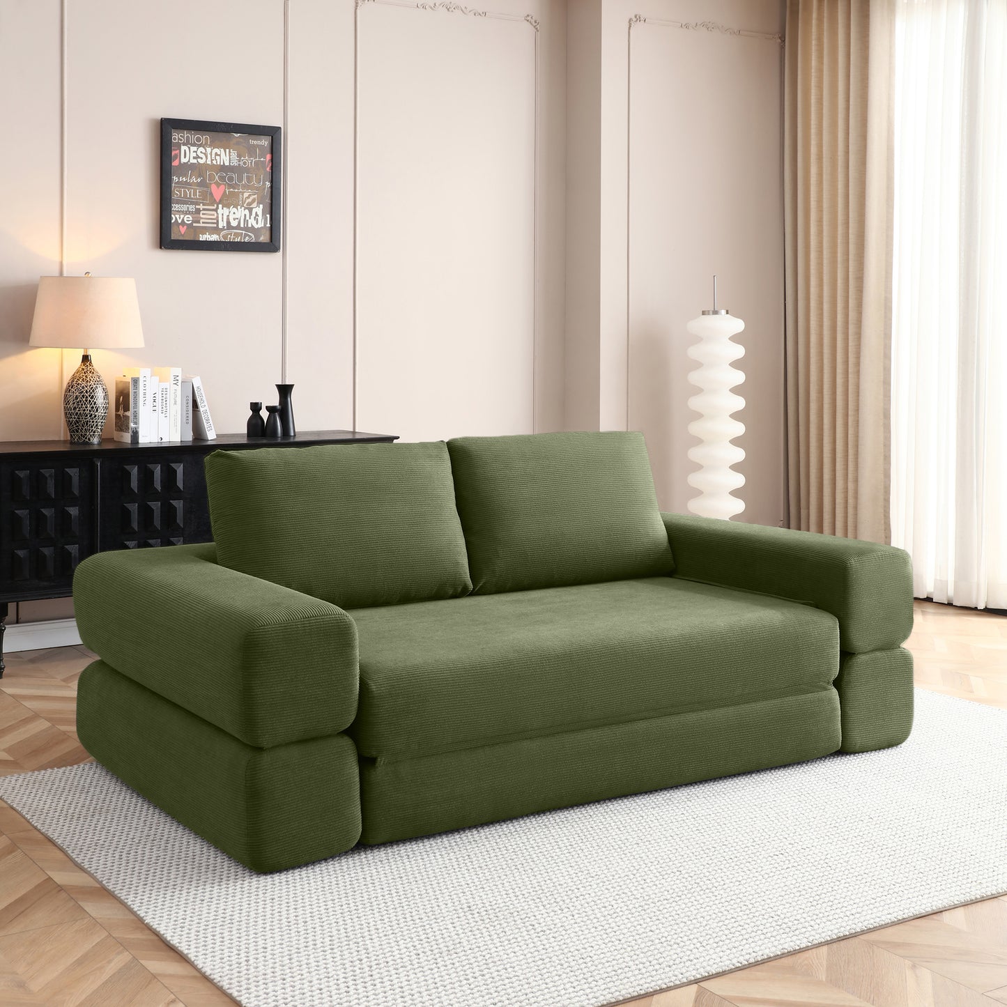 81 Convertible Sofa Bed,3 In 1 Folding Floor Couch Corduroy Fold Out Couch Bed Futon Sleeper Mattress With Pillows,Boneless Sofa Comfy Lounge Loveseat For Living Room, Bedroom, Green