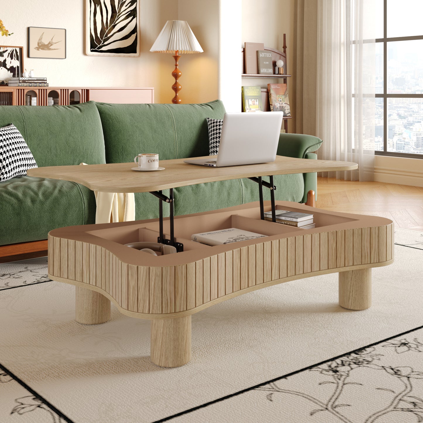 Lift Top Coffee Table For Living Room 42 - Fluted Panel Hidden Storage, Silent Hydraulic Lift, Curved Safety Corners, 5 Min Assembly  27W X 13-18.9H,Natural Wood