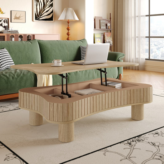 Lift Top Coffee Table For Living Room 42 - Fluted Panel Hidden Storage, Silent Hydraulic Lift, Curved Safety Corners, 5 Min Assembly  27W X 13-18.9H,Natural Wood