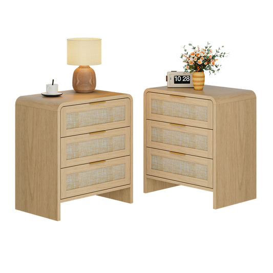 Rattan 3 Drawers Nightstand Set Of 2,  22.8  Wide Curved Wooden Bedside Table, Modern Storage For Bedroom, Natural Oak.