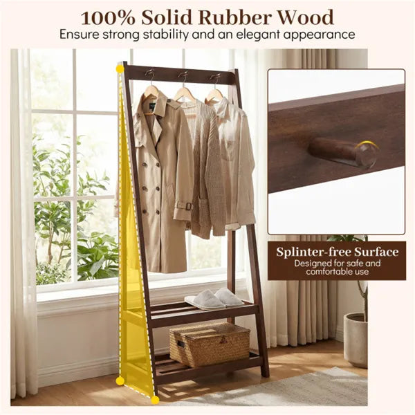 100% Solid Rubber Wood Freestanding Coat Rack, A-Frame Stable Garment Hanger With 3 Hooks & 2 Shelves