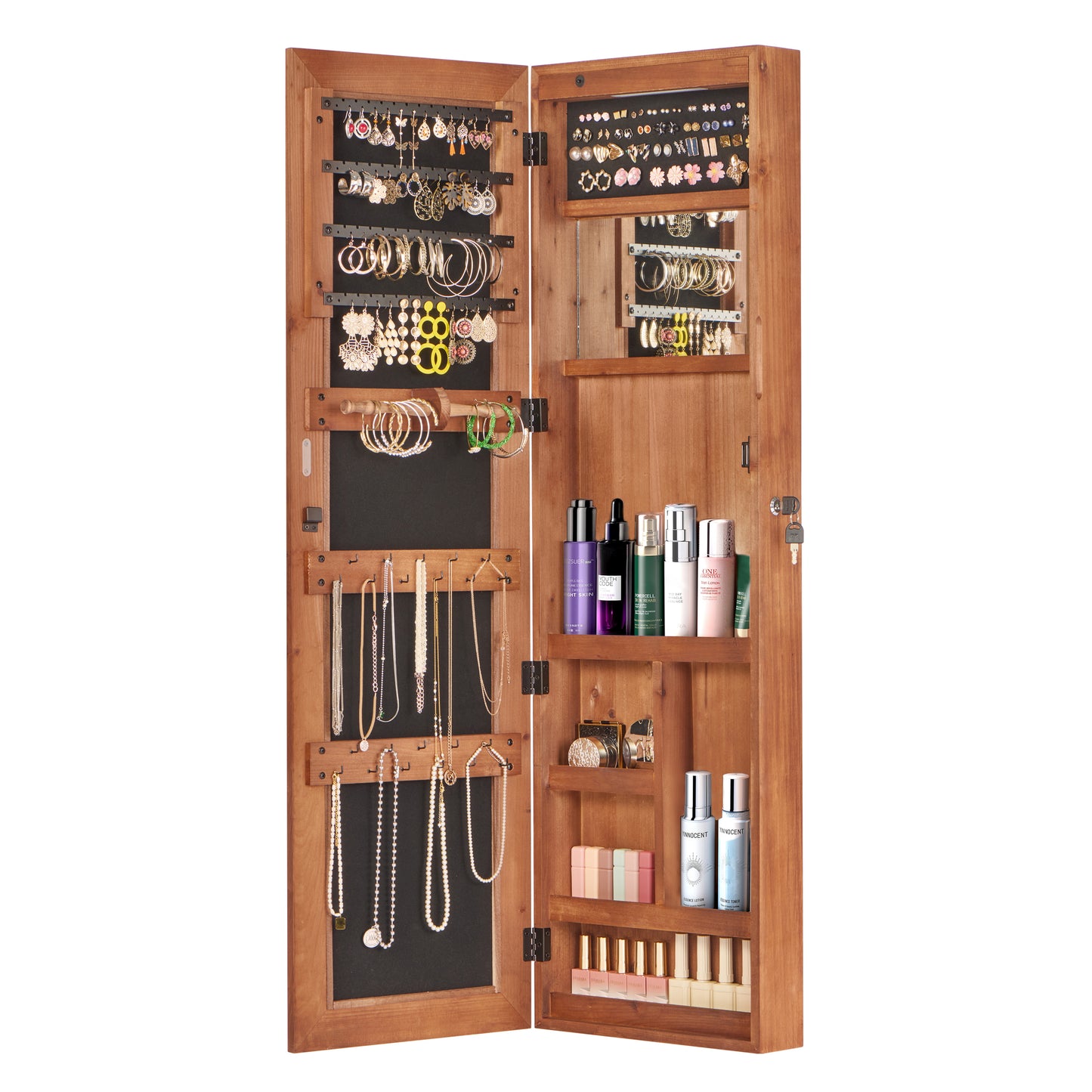 Solid Wood Jewelry Armoire Organizer Cabinet With Full-Length Mirror, 47.5x14.3 In Wall-Mounted Lockable With LED Light