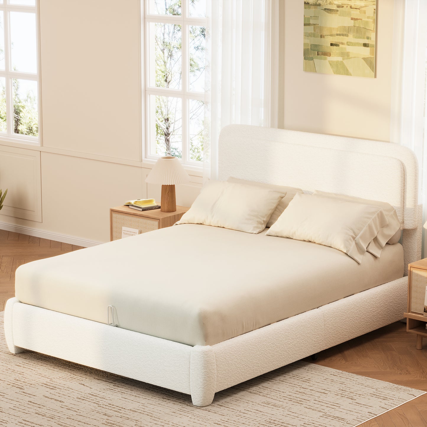 Boucle Queen Bed Frame With Adjustable Height Headboard, Modern Platform Bed With Curved Cloud Headboard, Elegant Boucle Fabric Low Profile Platform Bed, No Box Spring Needed, Easy Assembly, White