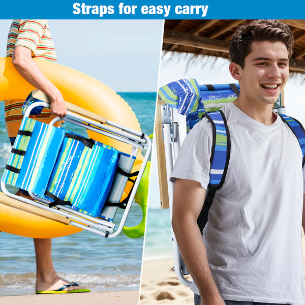 2 Pieces, Seat Height 7.9in, Width 17.7in, Depth 17.3in, Blue-green Horizontal Stripes Pattern, Iron Beach Chair, Steel Tube, Oxford Fabric, 120kg, 4-level Adjustment