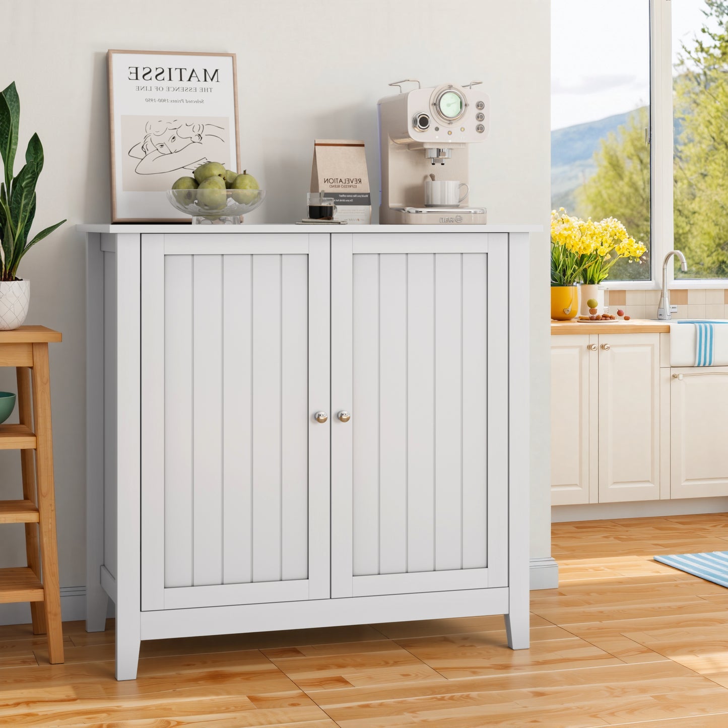 White Double Door Storage Cabinet, Mid-Century Modern Freestanding Buffet Cabinet, Bathroom Storage Cabinet With Silver Knobs For Living Room, Kitchen, Bathroom, Hallway