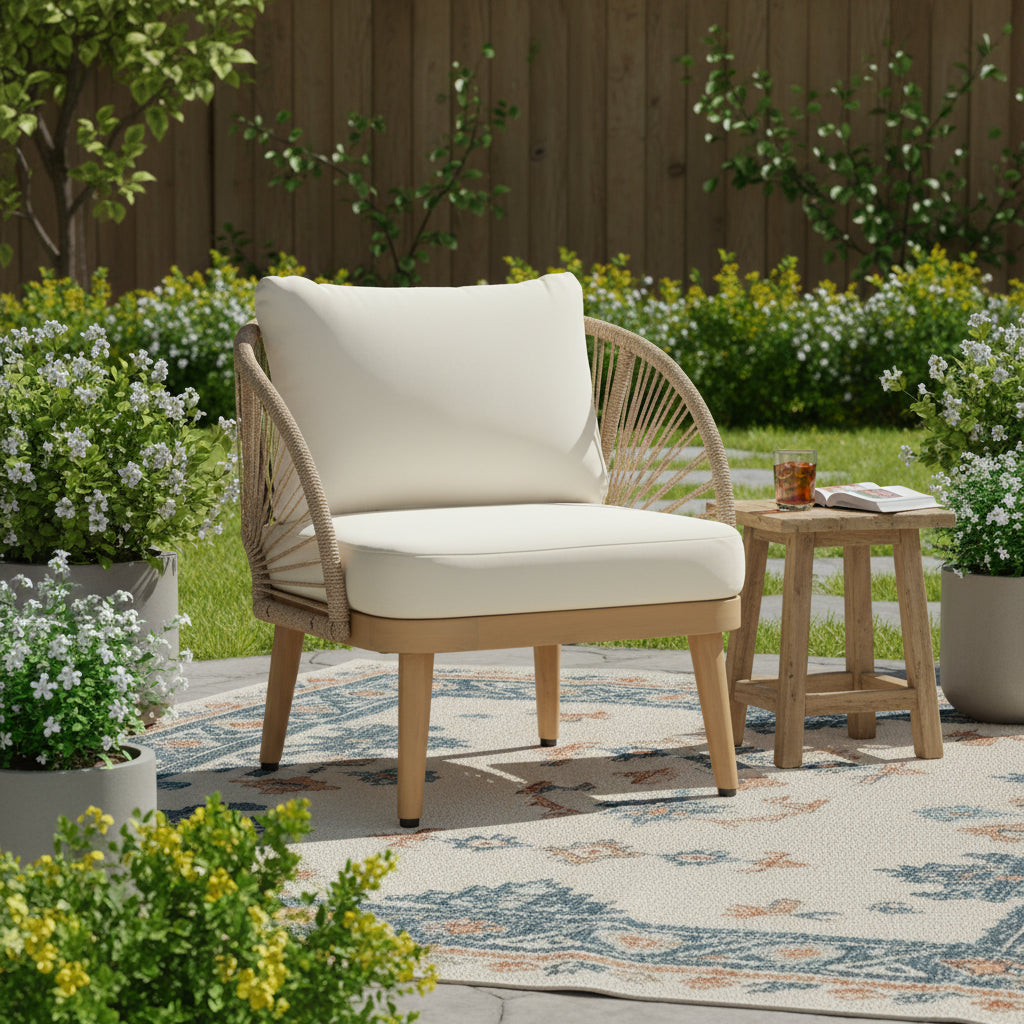 Acacia Wood Outdoor Club Chair, Curved Tub Design Patio Chair With Handwoven Rope Accents & Weather-Resistant Cushion