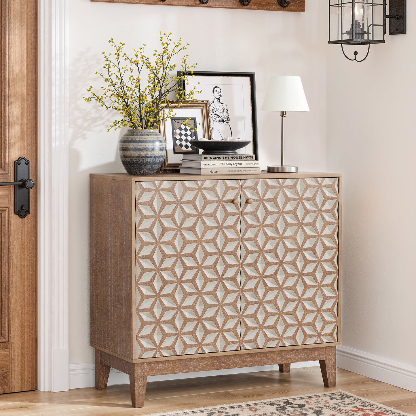 31.5-inch Geometric Design Sideboard, A Decorative Cabinet With 2 Doors And Adjustable Shelves, A Wooden Decorative Cabinet With Storage Space, Suitable For Living Room, Kitchen, And Dining Room.