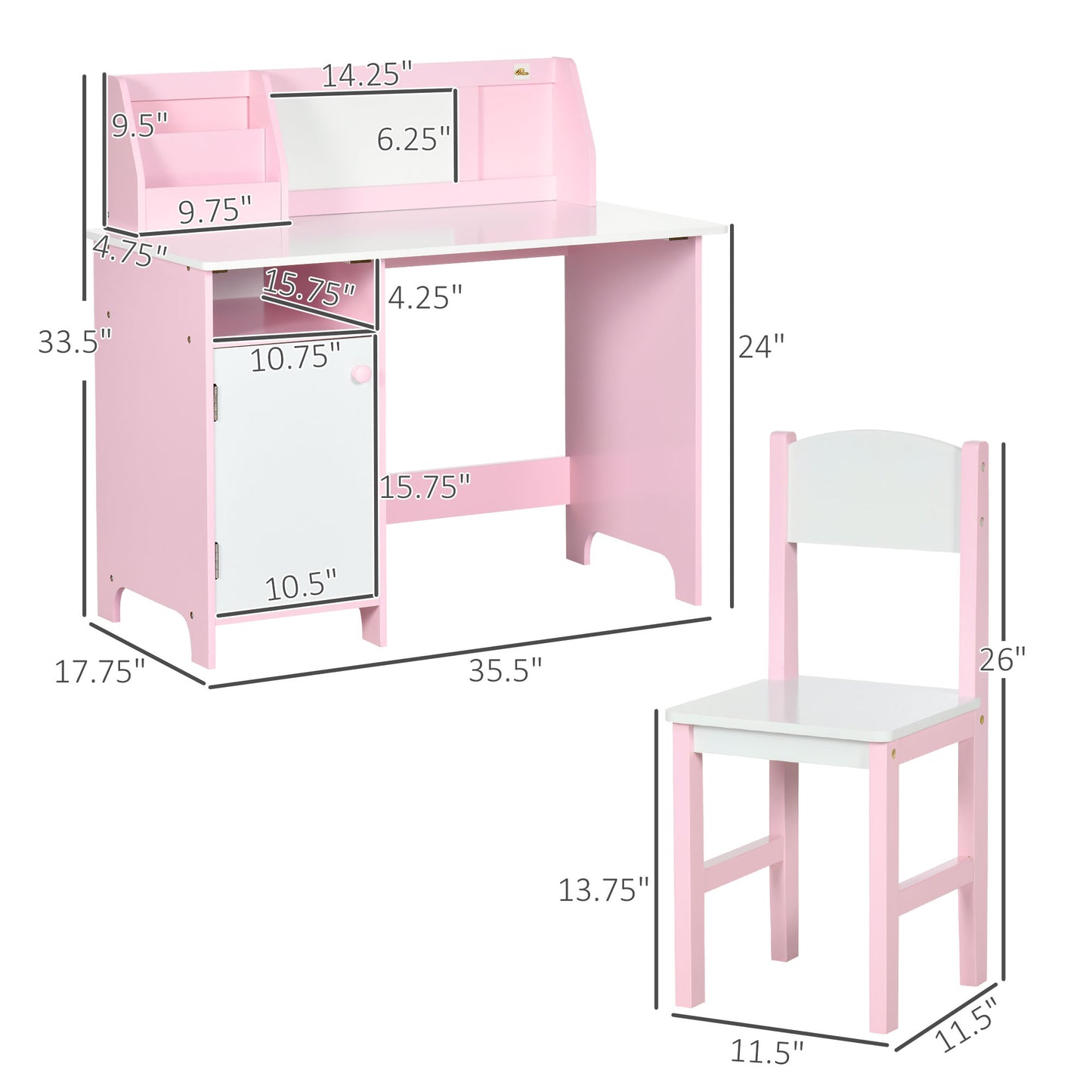 Toddler Table And Chair Set, Kids Writing Desk Homework Table With Whiteboard, Storage Cabinet, Pink