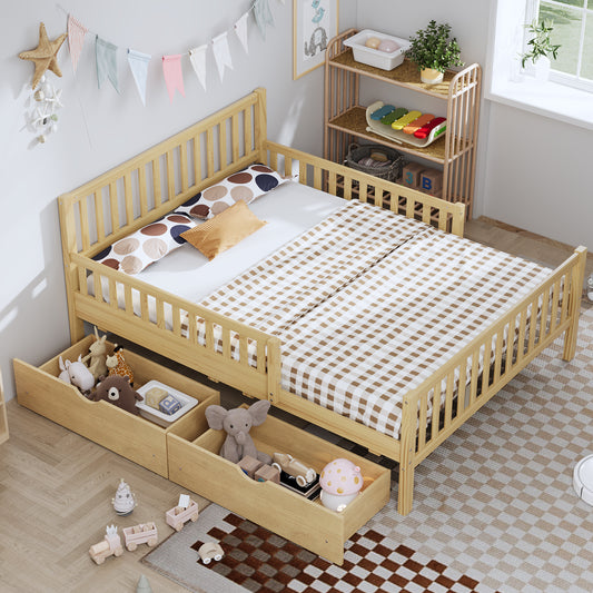 Full Size Wood Platform Bed With Guardrails On Both Sides And Two Storage Drawers ,Natural