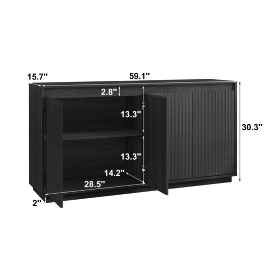 4 Door Black Wood Sideboard Buffet Cabinet With Power Outlet, Wavy Vertical Texture Accent Cabinet With No-Handle Design  Door Top Edge As Handle , Freestanding Kitchen Storage Cabinet For Dining Room