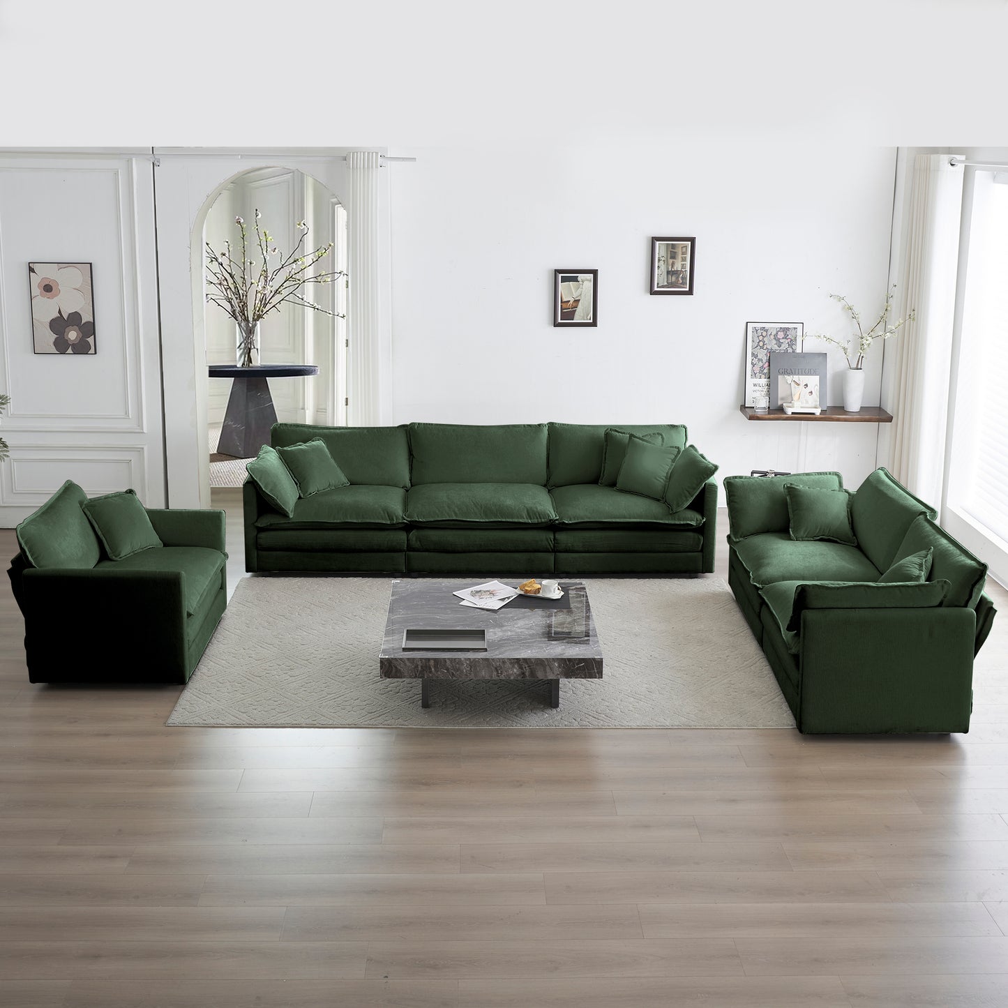 Modern Sofa Couch, 3 Piece Set Extra Deep Seat Sectional Sofa For Living Room, Oversized Sofa, 3 Seat Sofa, Loveseat And Single Sofa, Green Chenille