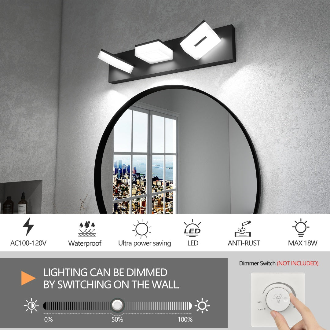 LED Modern Bathroom Vanity Light Fixtures  3-Light, 20-Inch  Matte Black Modern Acrylic Bathroom Wall Lighting Fixtures Over Mirror  Cool White 6000K