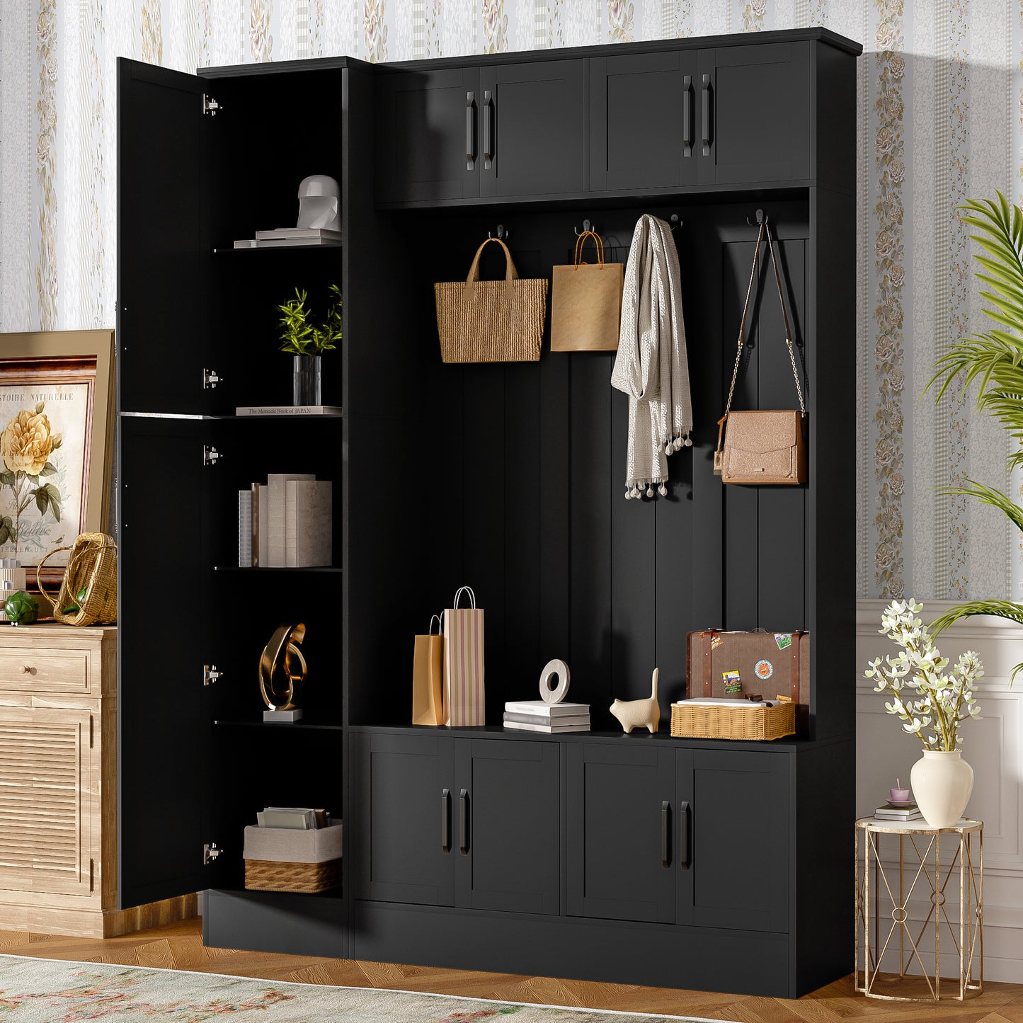 VIBE HAUS 79  Tall Modern Hall Tree With Shoe Storage, 4-in-1 Entryway Bench With 6 Cabinets, 4 Coat Hooks & Adjustable Shelf For Hallway, Living Room, Black
