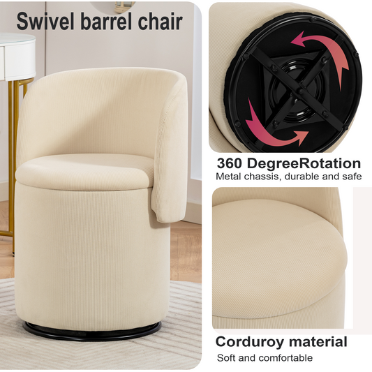 Stylish Upholstered Barrel Chair 360 Swivel Vanity Stool For Bedroom & Dining Chair, Built-in Storage, Soft Padded Accent Seat, Multi-Functional For Dressing Dining, Free Cat Bed Stool Included