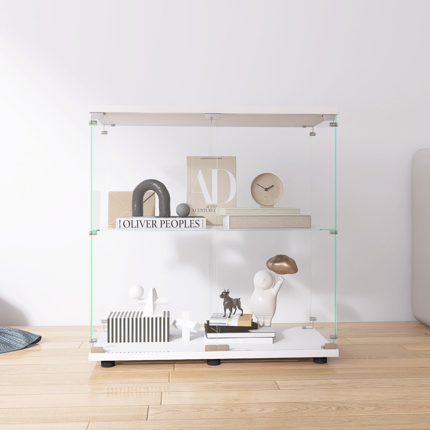 Two-door Glass Display Cabinet 2 Shelves With Door, Floor Standing Curio Bookshelf For Living Room Bedroom Office, 33.35x31.69 X14.37 ,White