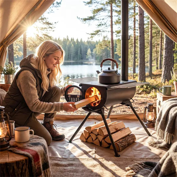 Portable Foldable Wood Burning Tent Stove With 5 Sections Chimney, Heavy Duty Carbon Steel Camping Stove With View Window & Cooking Racks For Outdoor Hunting Camping