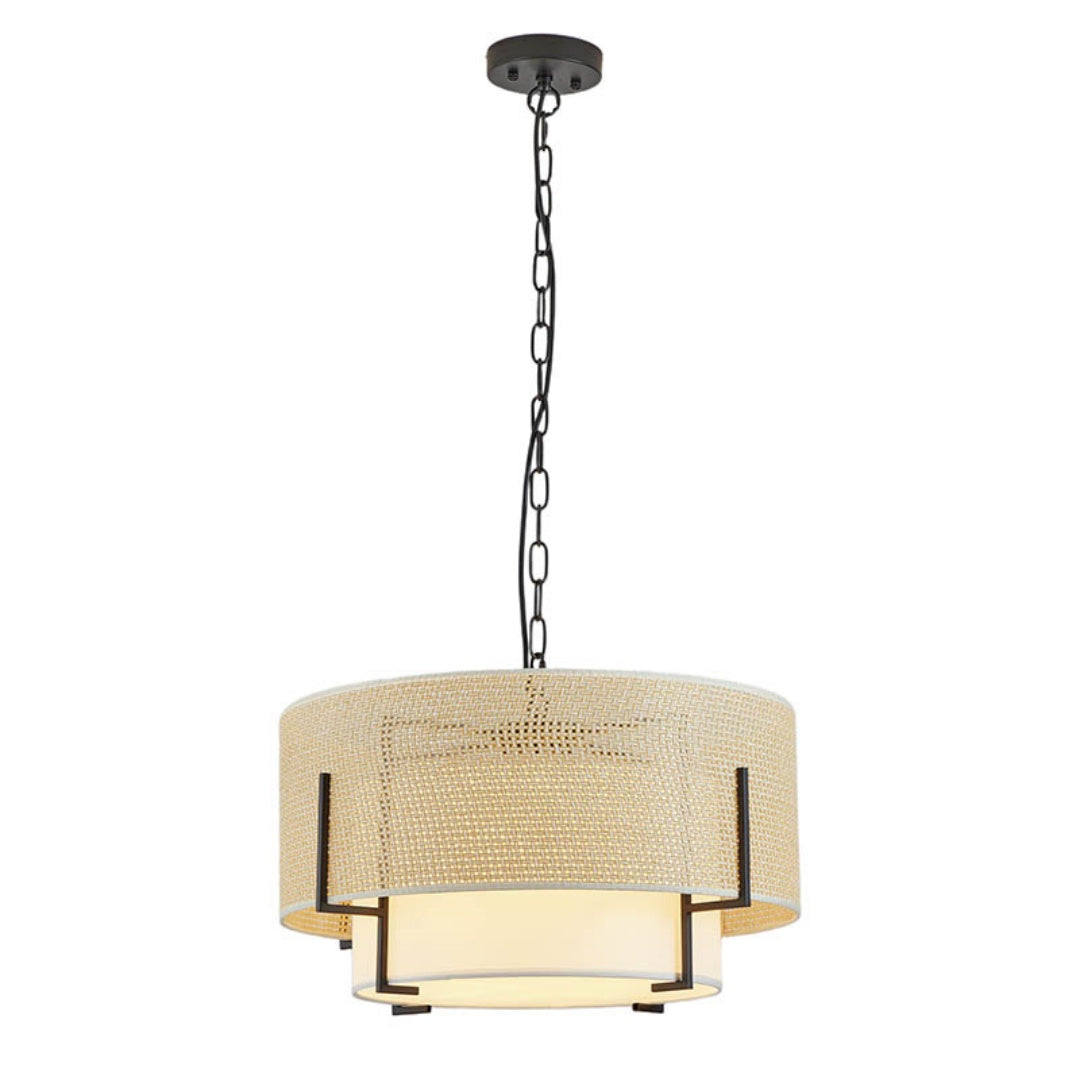 19.7in  Farmhouse Boho Chandelier,4-Light Hand Woven Rattan Pendant Light With Fabric Shade Rustic Drum Chandelier For Dining Room Kitchen Bedroom Foyer Entryway Living Room Bulb Is Not Including