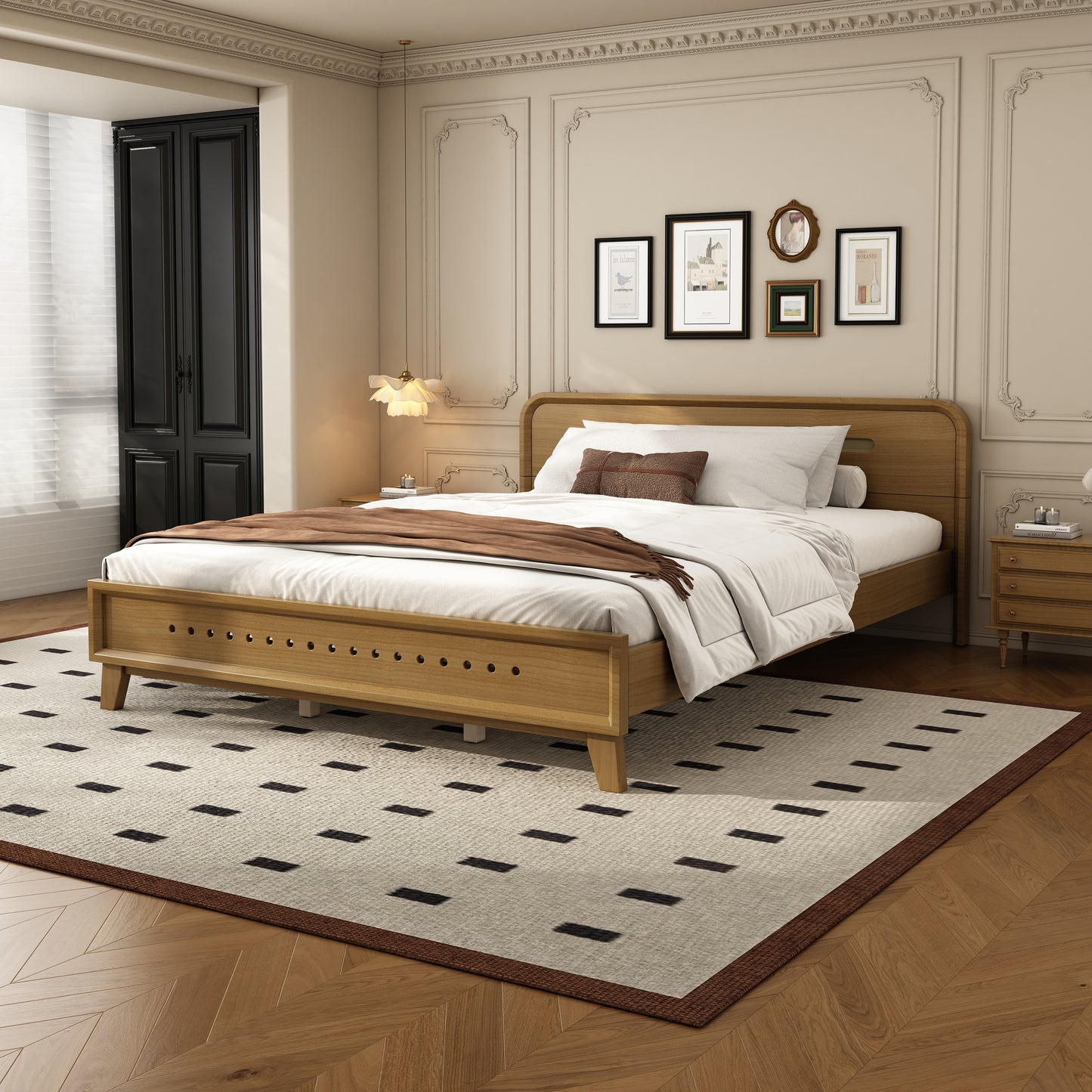 PINE SOLID WOOD QUEEN SIZE BED, SOLID AND STABLE, NO BOX SPRING NEEDED, RUSTIC YELLOW COLOR