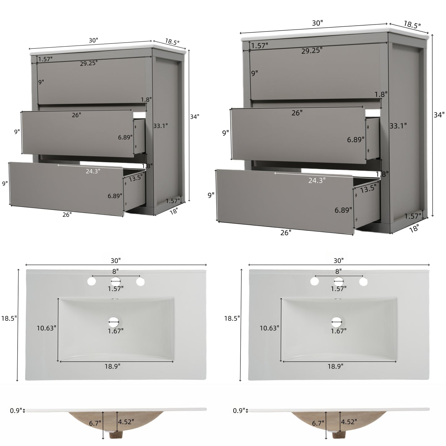 60  Double Sinks Bathroom Vanity Set, Bathroom Cabinet With Two Separate Ceramic Sinks, Full-Extension Drawers & Soft Close Undermount Drawer Slides, Gray
