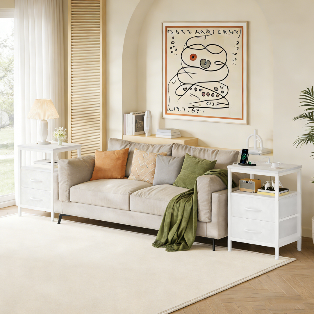 A Small Bedside Table With A Charging Station And Two Fabric Drawers, And A Side Bedside Table