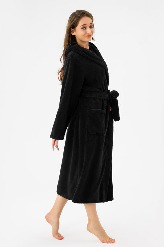 RONGTAI Womens Hooded Robe Long Plush Fleece Bathrobe With Pockets Nightwear S-XXL