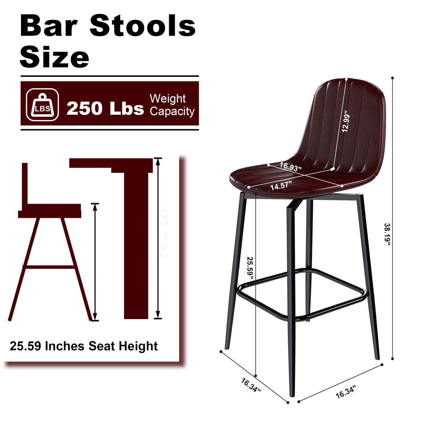 Modern Bar Stools With Swivel Mechanism, PU Padded Seats With Back Support & Metal Legs  Ideal For Kitchen Islands, Home Bars, Commercial Bars, Dark Brown Set Of 2