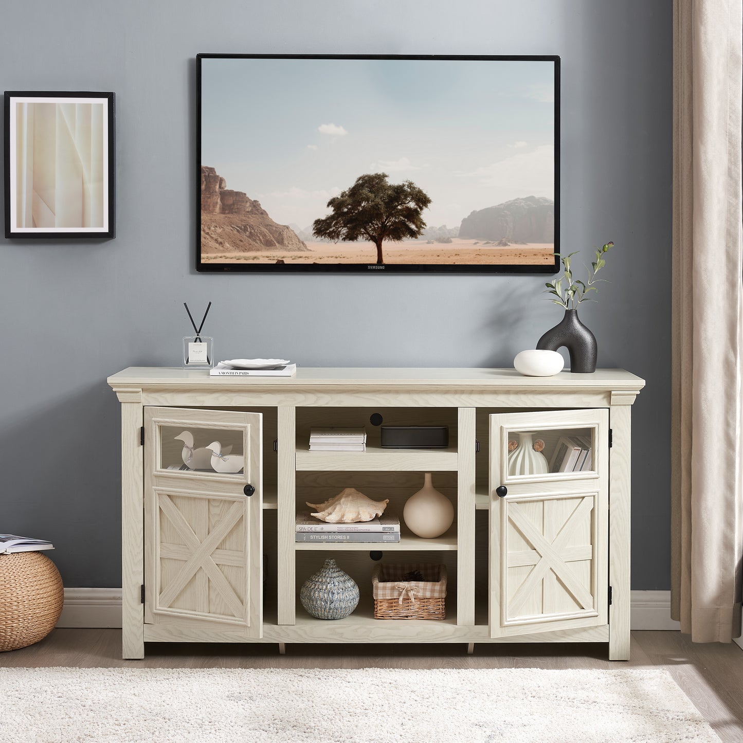 2 Doors Cabinet Farmhouse  Cabinet, Farmhouse TV Stand Barn Design,Modern Farmhouse TV Media Stand, Large Barn Inspired Home Entertainment Console,WHITE, 60.23 Wx15.35 Dx31.7 H