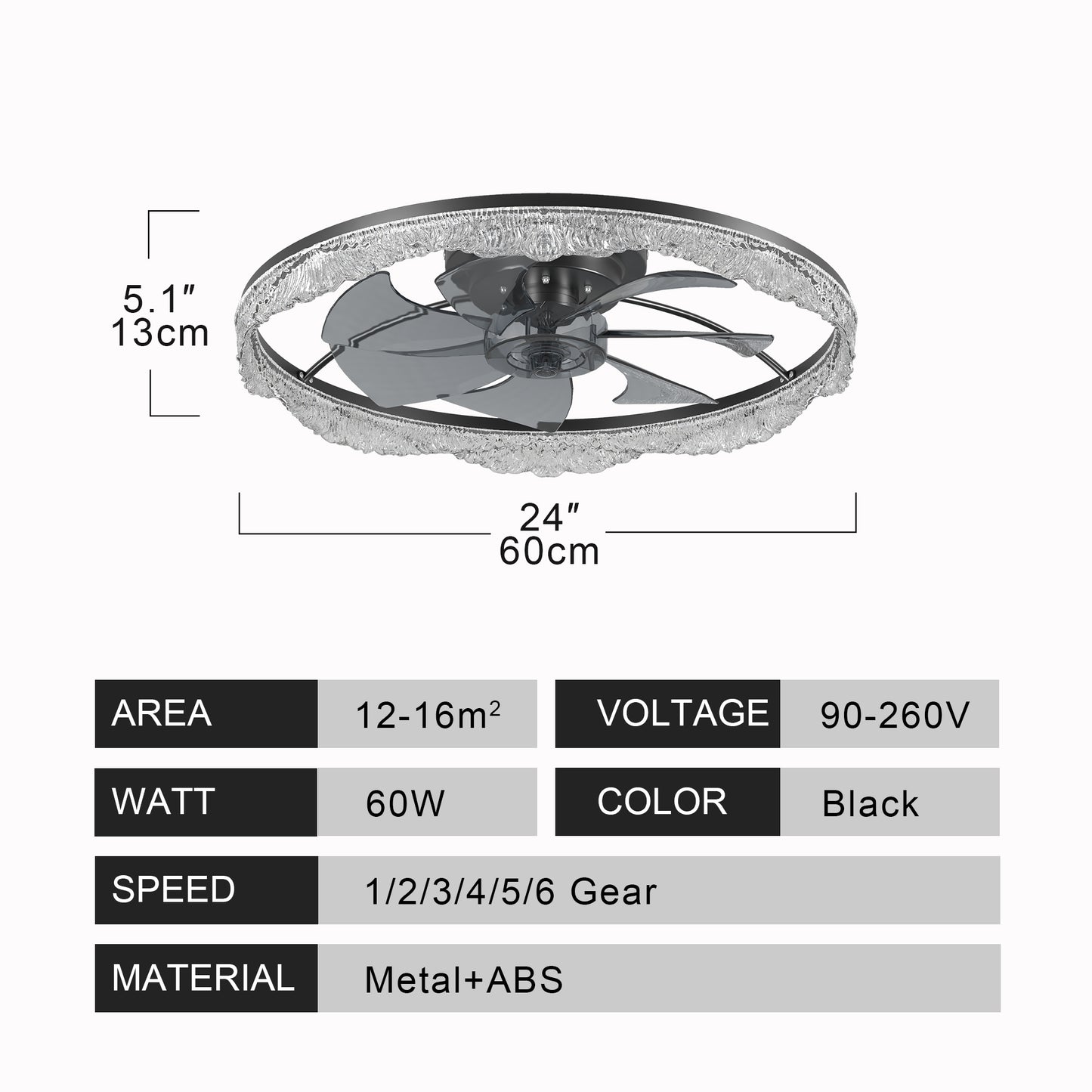 24 Decorative LED Ceiling Fan Light  Modern Flush Mount With Acrylic Ring, Hidden Blades, Remote Control, And Dimmable Light For Stylish Homes  Black