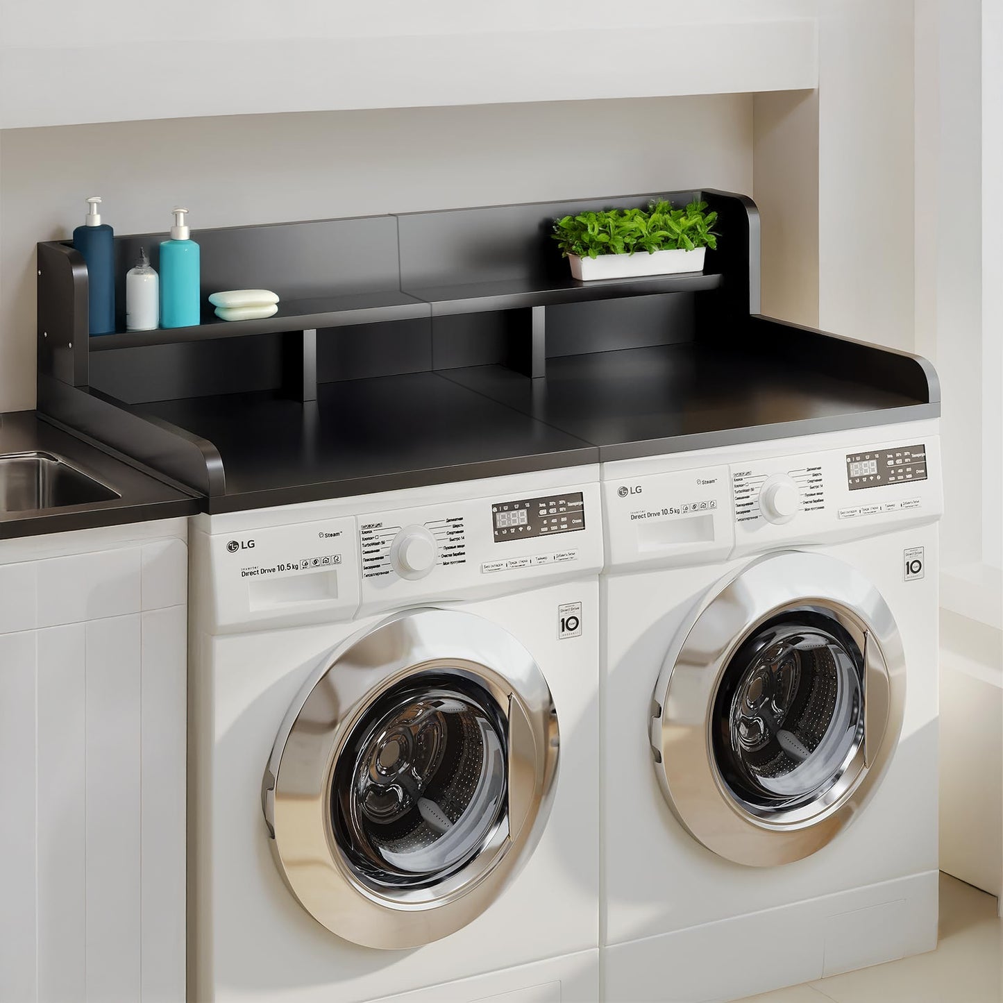 Washer Dryer Countertop With Non-slip Pads, Laundry Wood Shelf Topper With Edge, 54 Width X 27.5 Depth Double Layer Organizer For Washer And Dryer Laundry Hamper Counter Storage Organization BLACK