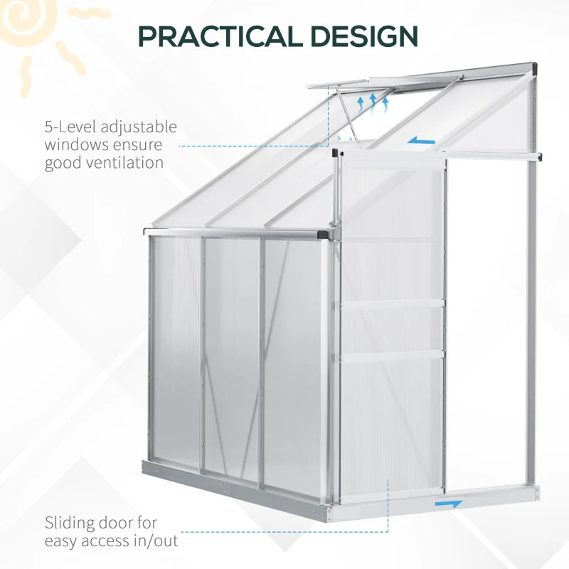 Outsunny 6' X 4' Aluminum Lean-to Greenhouse Polycarbonate Walk-in Garden Greenhouse With Adjustable Roof Vent, Rain Gutter And Sliding Door For Winter, Clear