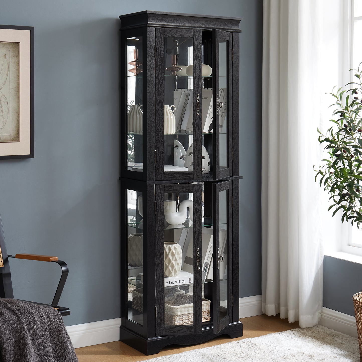 Lighted Glass Curio Display Cabinet,Display Cabinet,Glass Storage Cabinet Glass Wine Cabinet Wood Frame Toy Display For Living Room, Kitchen, Pantry Light Bulb Included BIACK