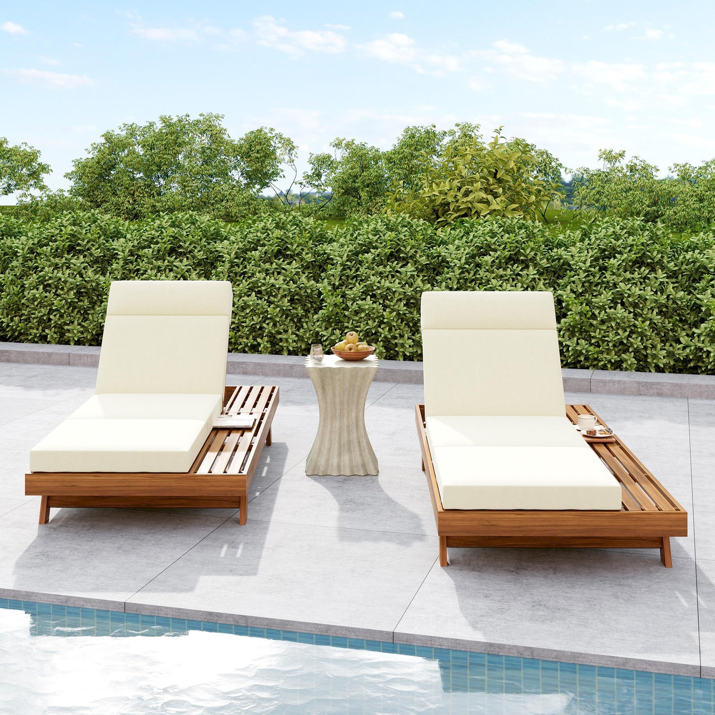 LOUNGE CHAISE SET WITH HEADREST, SPACE AVAILABLE ON ONE SIDE,ACACIA WOOD WITH WATER-RESISTANT LOUNGE CUSHIONS  BEIGE & 3-FOLD & 4 Inch  - MATCHING DARK GREY CREAM VERSION AVAILABLE