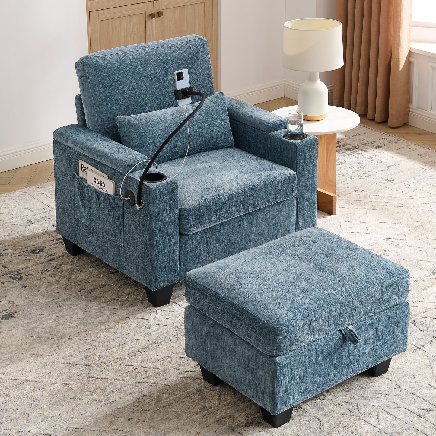 Single Sofa Recliner With Manually Adjustable Backrest, USB Charging Port On The Armrest Side, Phone Stand Included, Hidden Armrest Storage, And A Matching Storage Ottoman-Blue