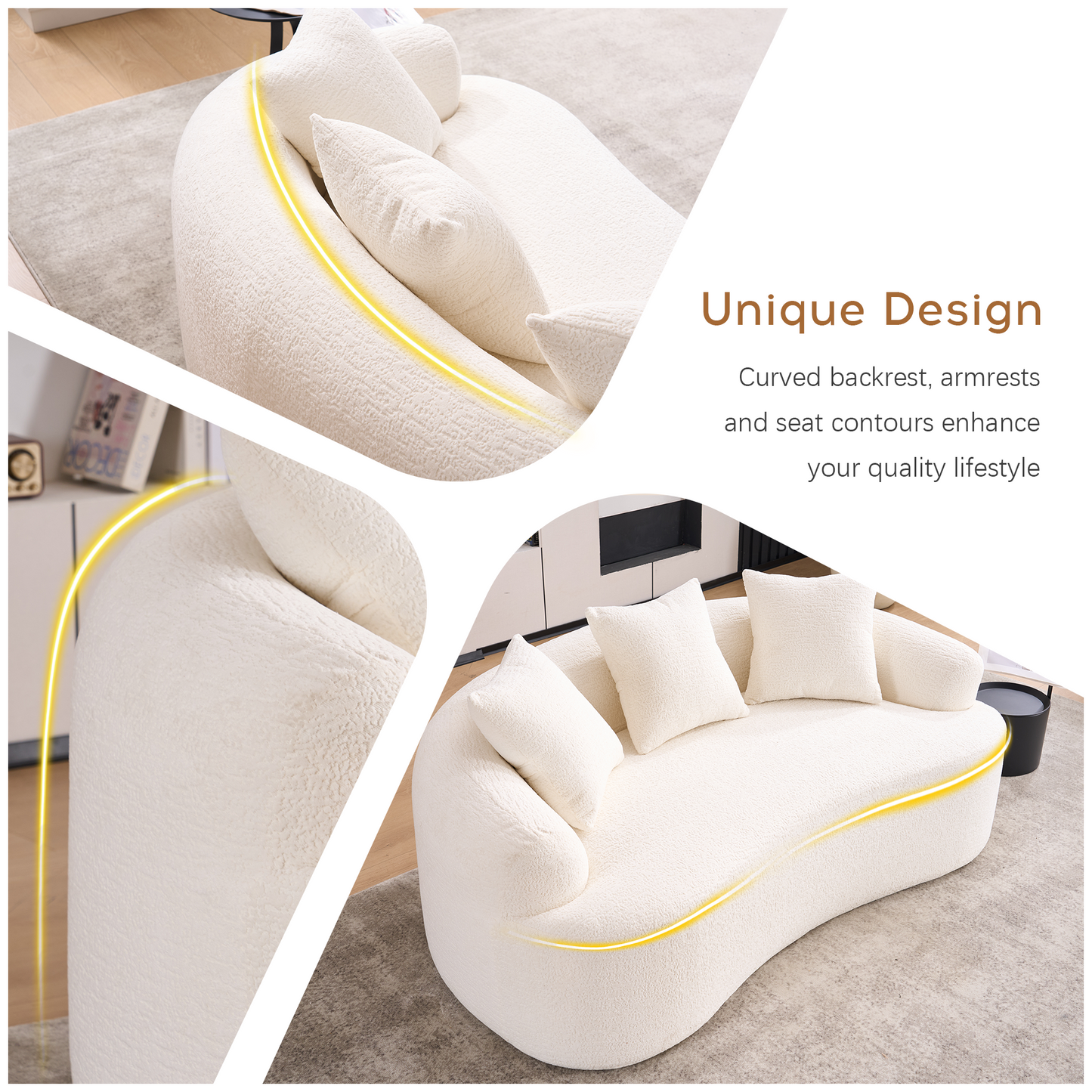 LY-025S Curved Loveseat White Full Compression Sponge Sofa  30D Chenille No-Assembly Compact Sofa For Small Spaces & Apartments  65L  300 Lbs  3 Pillows