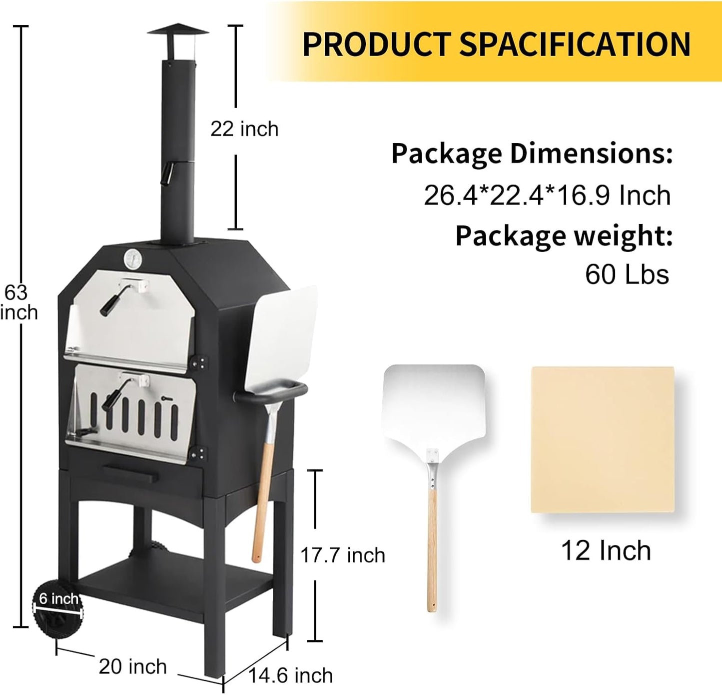 Outdoor Pizza Oven, Wood Fired Pizza Oven With Wheels For Outside, Portable Pizza Maker With Stone, Peel, Cover & Cooking Grids For Backyard, Patio, Camping, Black