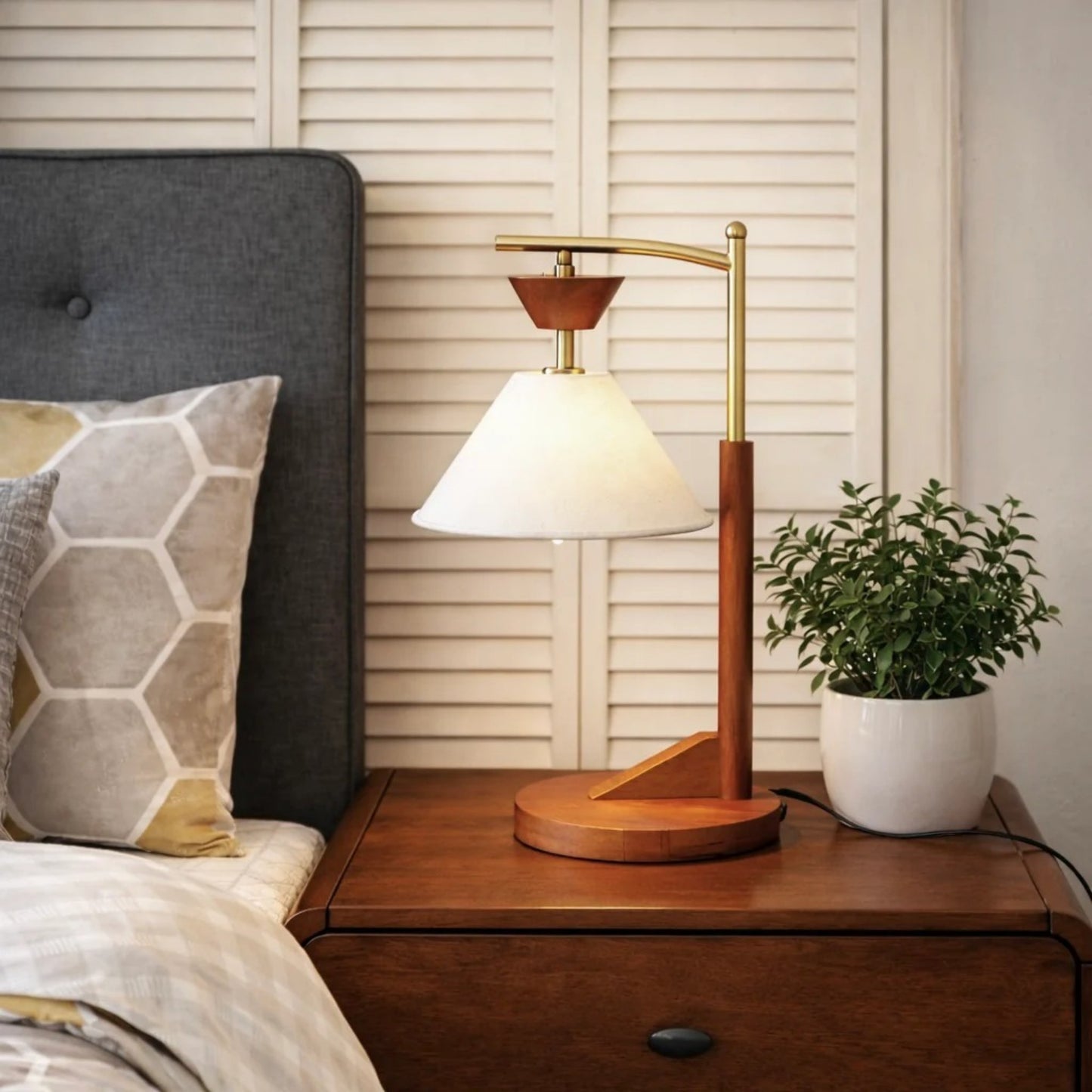 Bedside Bedroom Nightstand Desk Lamp Bedroom Study Lamps Wood Creative Lights Led Eye Protection Reading Living Room, Brown Solid Wood Base With Elegant Cone Linen Shade 110V
