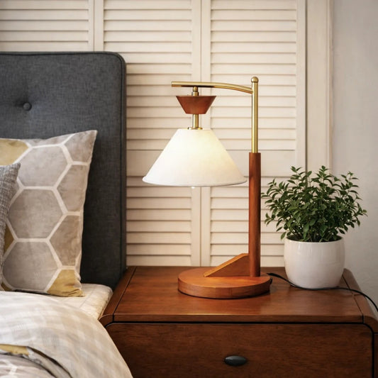 Bedside Bedroom Nightstand Desk Lamp Bedroom Study Lamps Wood Creative Lights Led Eye Protection Reading Living Room, Brown Solid Wood Base With Elegant Cone Linen Shade 110V