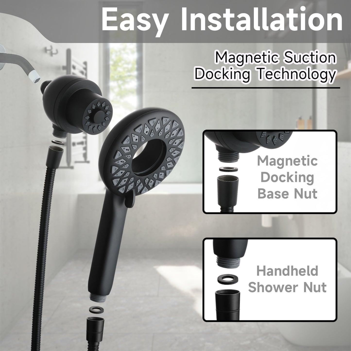 High Pressure Shower Heads 6 Spray Mode, Magnetic Shower Head For Bathroom, Matte Black Handheld Shower With 60 Inch Stainless Steel Hose
