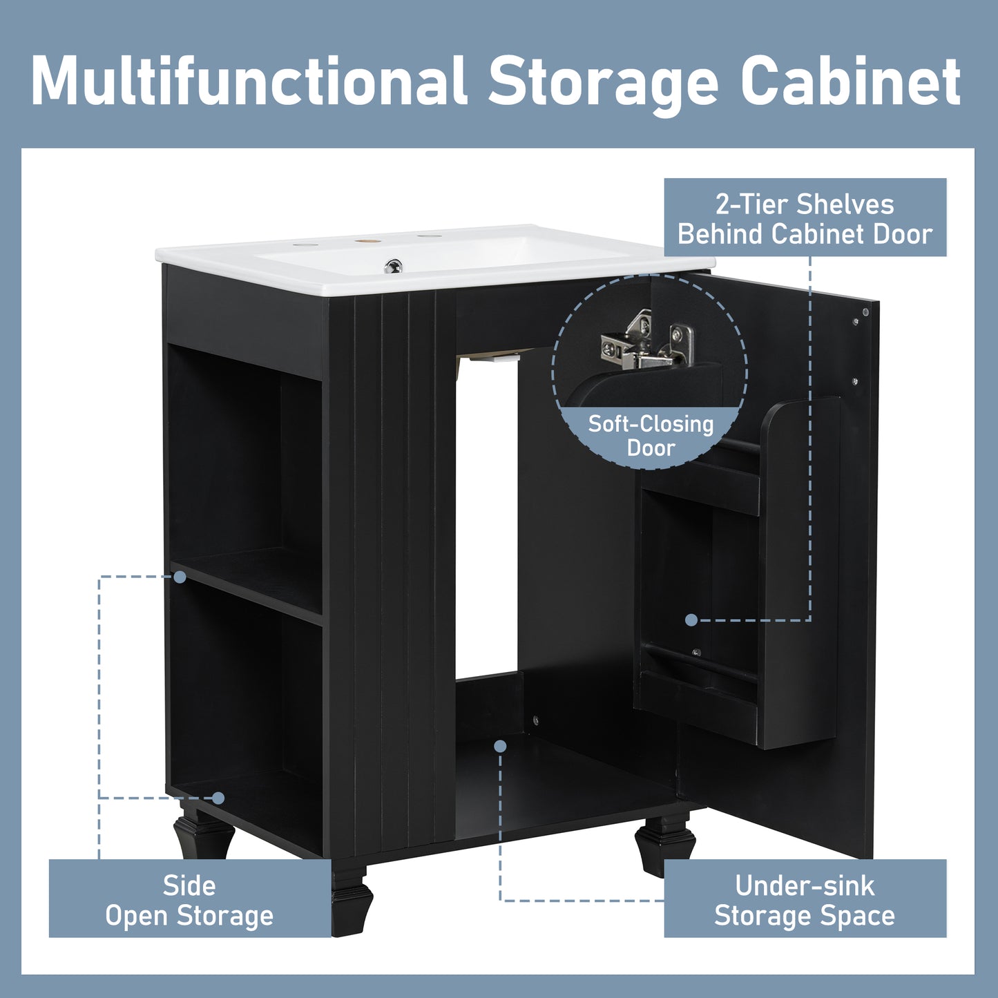 24  Bathroom Vanity With Sink, Bathroom Cabinet With Door Shelf, Side Open Storage, Solid Wood Frame,Soft Closing Door, Black