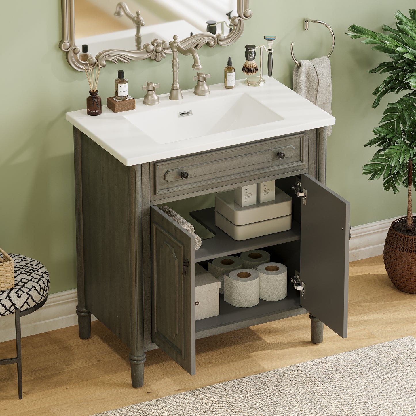 30 Inches Vintage Bathroom Vanity With Sink, Rustic Bathroom Cabinet With Soft Close Doors And Adjustable Shelf, Curved Profile Design, Rubber Wood Legs, Gray