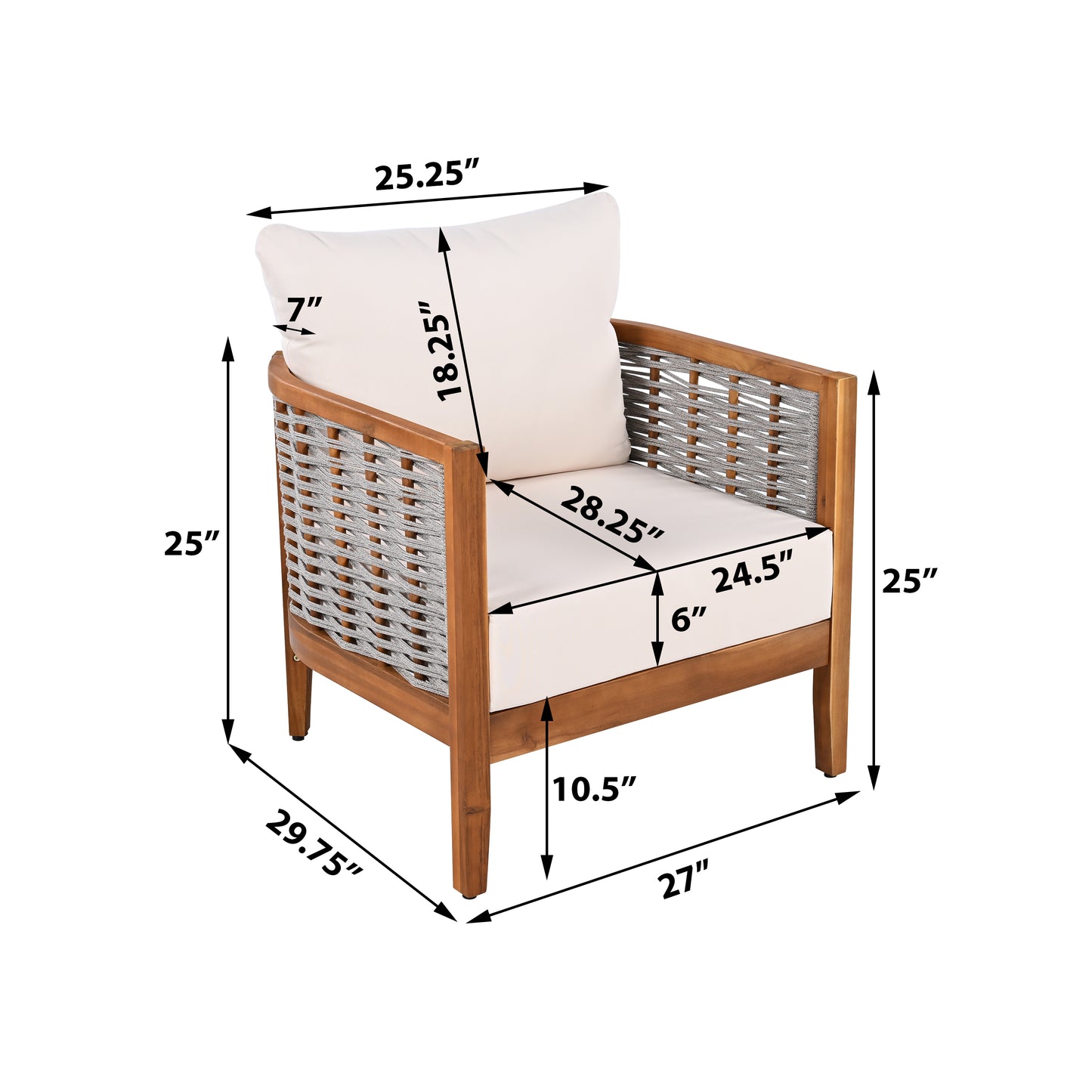 Outdoor Unique Tub Design Armchair With Woven Rope, Patio Furniture Acacia Wood Chair,  Deep Seating With Soft Cushions For Porch, Garden, Backyard, Balcony, Teak Finish & Beige Cushion