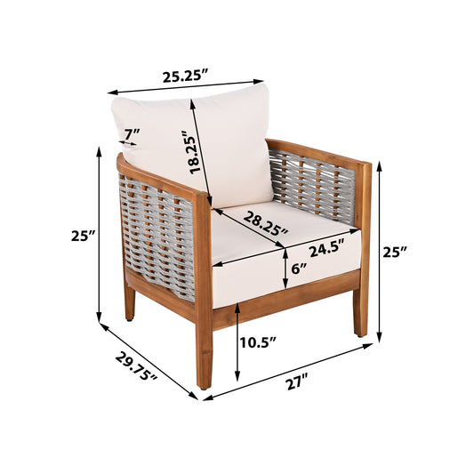 Outdoor Unique Tub Design Armchair With Woven Rope, Patio Furniture Acacia Wood Chair,  Deep Seating With Soft Cushions For Porch, Garden, Backyard, Balcony, Teak Finish & Beige Cushion