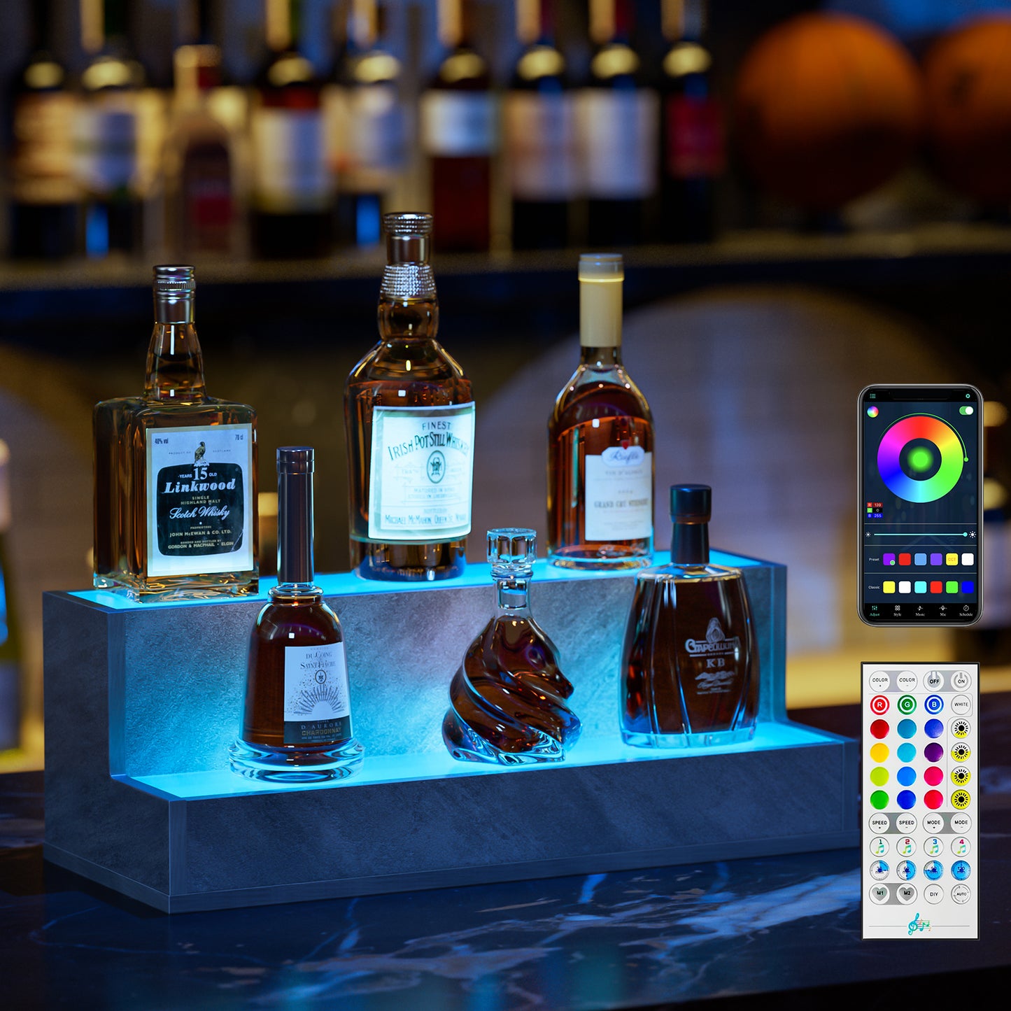 LED Lighted Liquor Bottle Display Shelf, 20 Inch Bar Display Shelf, DIY Illuminated Bottle Shelf With App & Remote Control, 2 Step Freestanding Holding Bottles For Home Bar, Party, Grey
